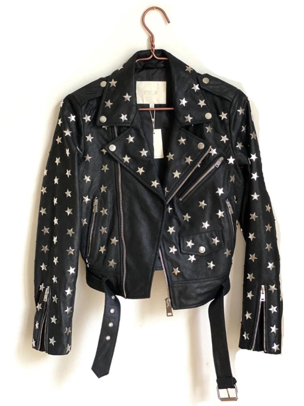 Maje Star Studded Lamb Leather Moto Jacket Black Cropped Belted Size US 6 FR 38